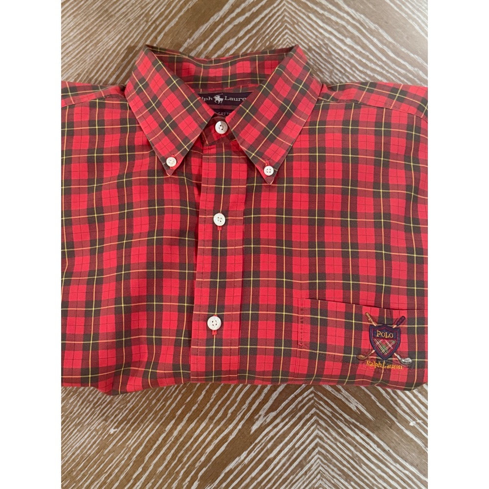 VTG Polo Ralph Lauren Mens Red Plaid Golf Crest Button Down Shirt Large Cotton - Picture 6 of 6